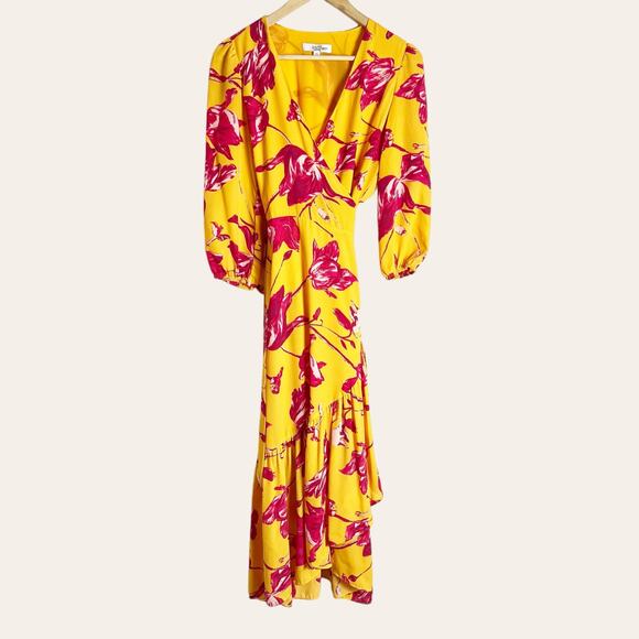 Color Me Courtney Eleanor Floral Print Yellow Wrap Midi Dress Size XS - Picture 3 of 12